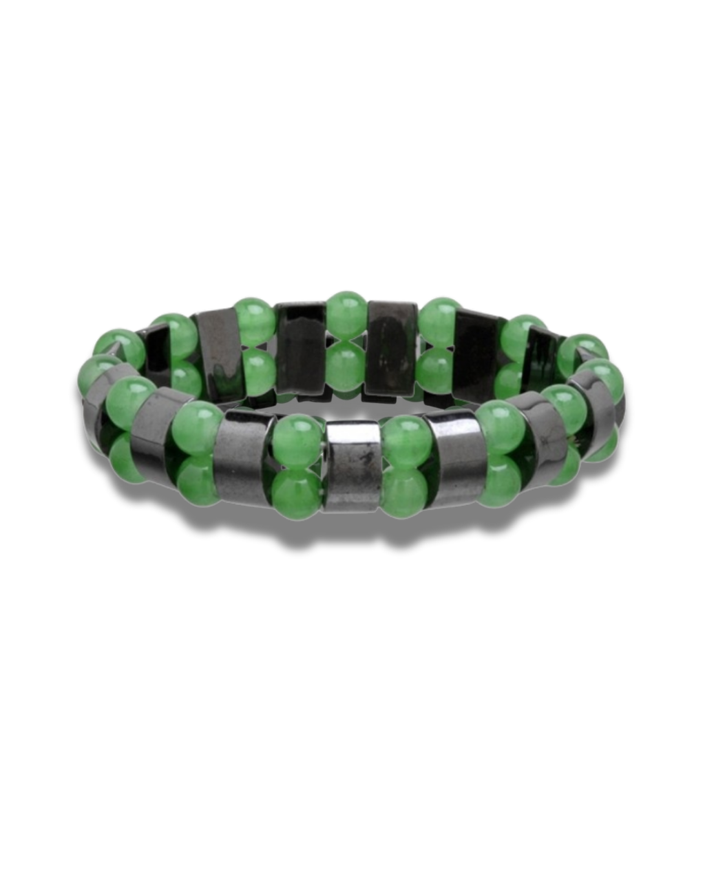Green and black beaded bracelet on a white background