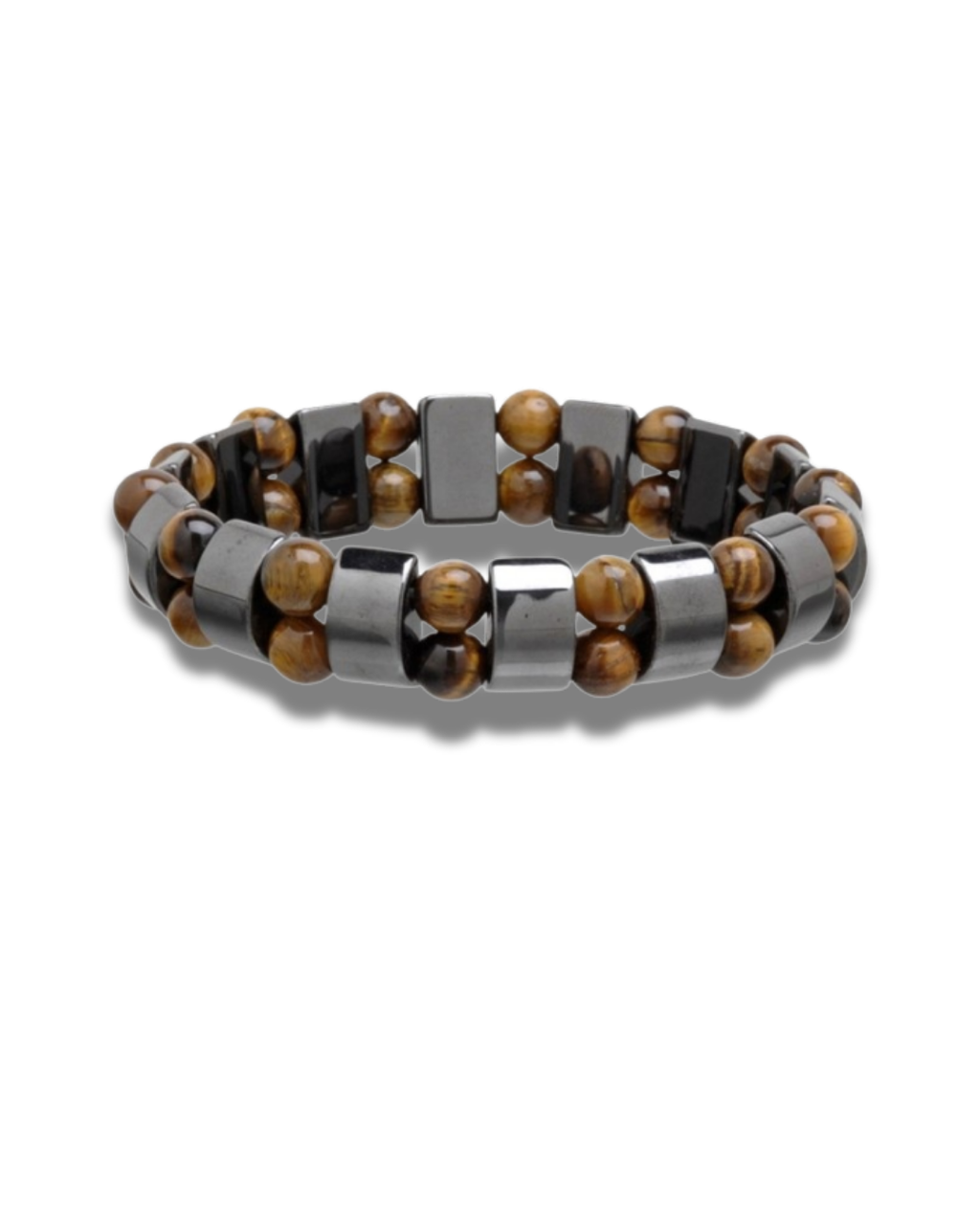 Bracelet with brown beads and silver metal links on a white background