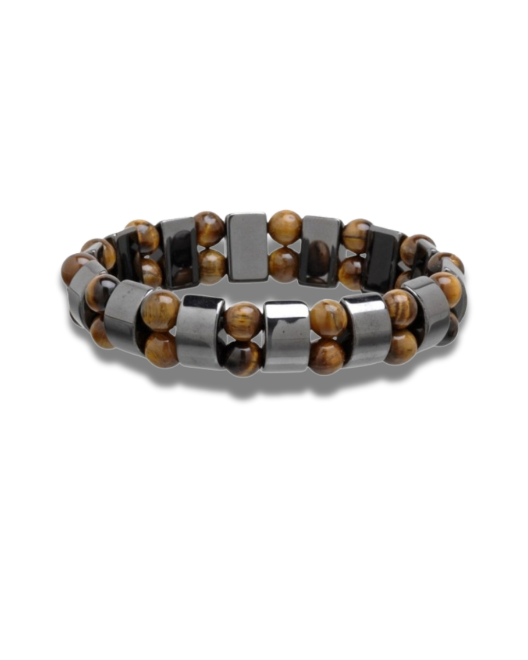 Bracelet with brown beads and silver metal links on a white background