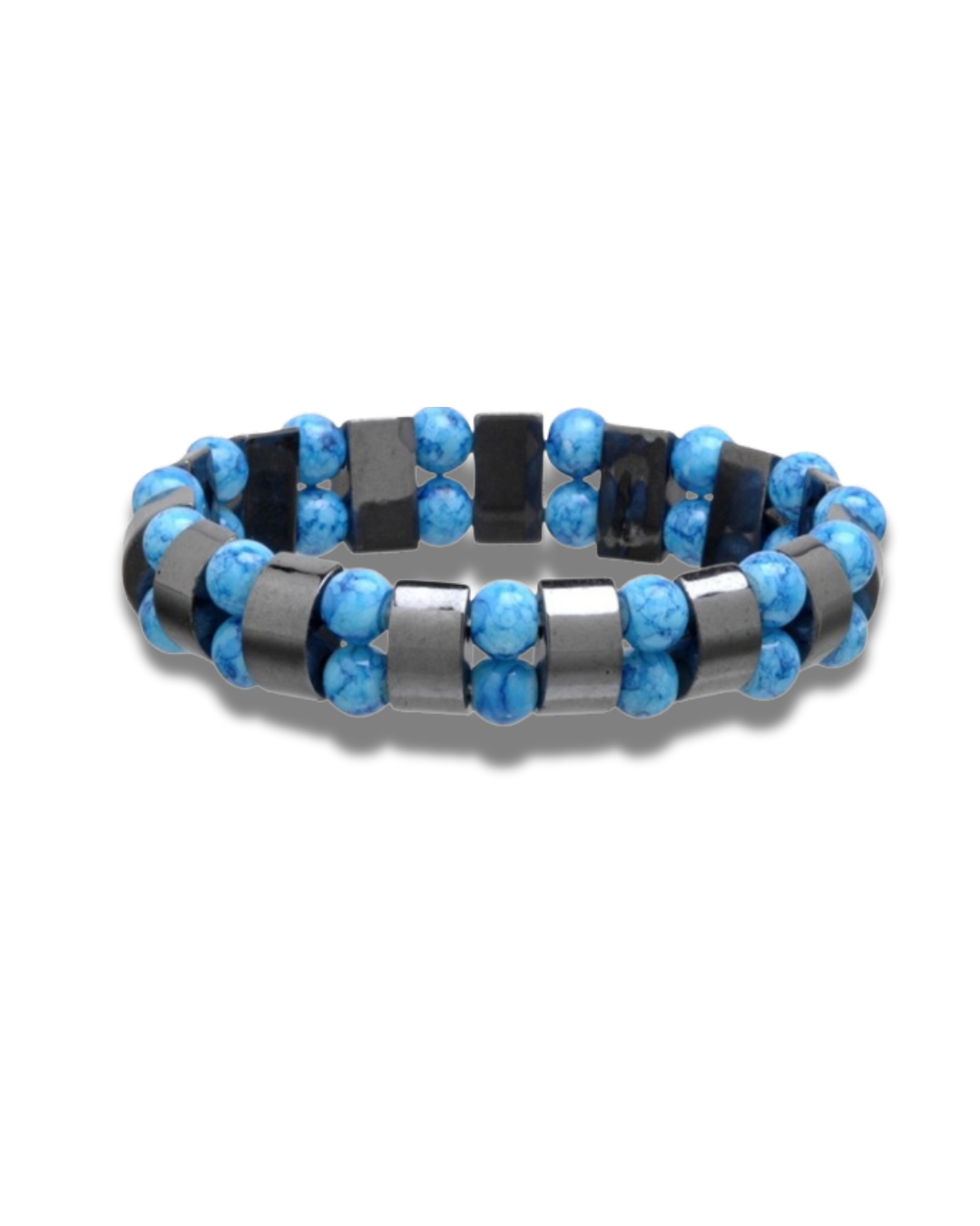 Bracelet with blue and black beads on a white background