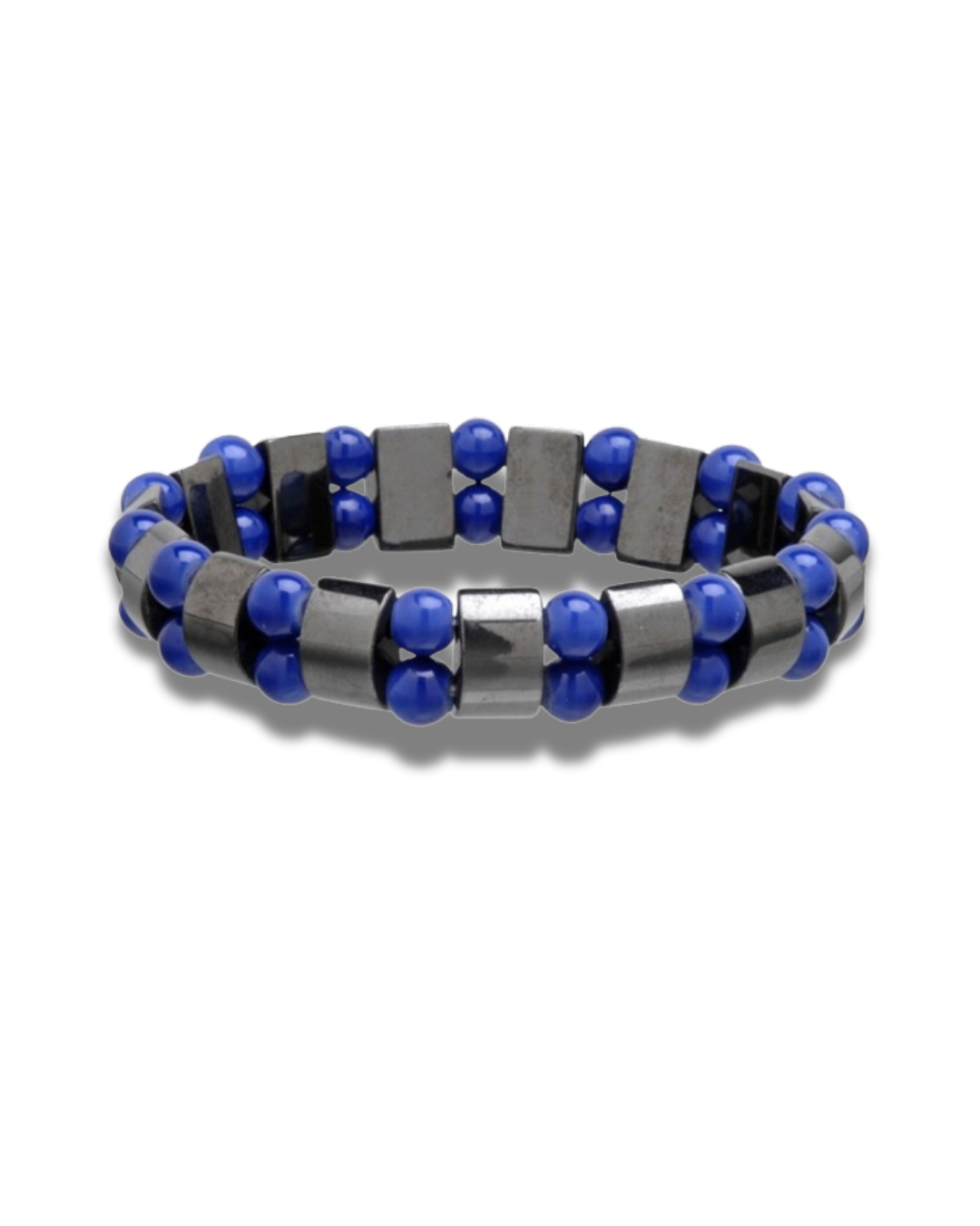 Bracelet with blue beads and gray metallic sections on a white background