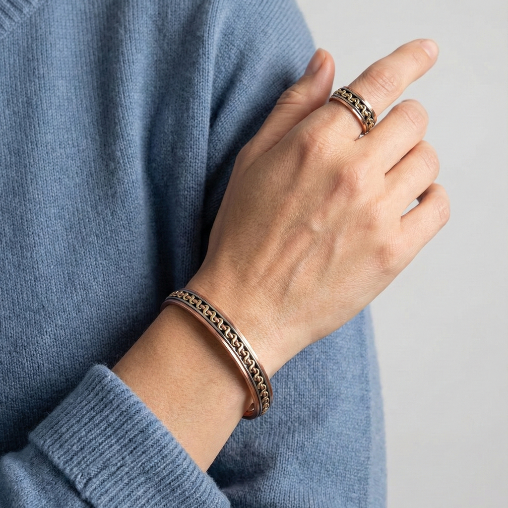Solid Copper Magnetic Bracelet Ring Set 3Tone Arthritis Therapy Cuff Set Zig Zag