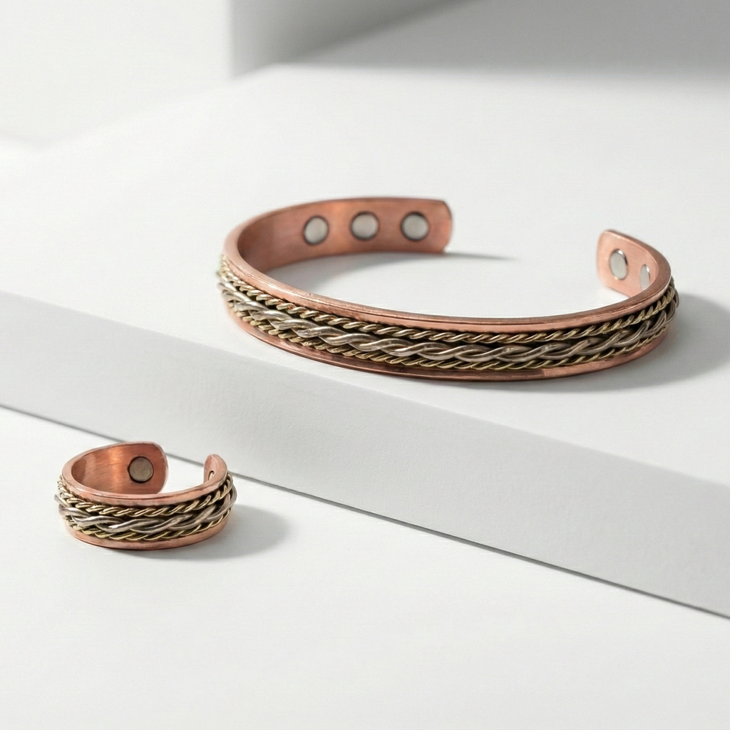 Solid Copper Magnetic Bracelet & Ring Set – 3-Tone Zig Zag Design – Adjustable Cuff Set