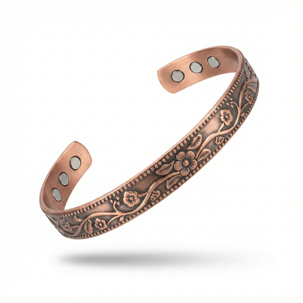 Solid Copper Magnetic Bracelet Ring Set  Men Women Cuff Ring Set Flower