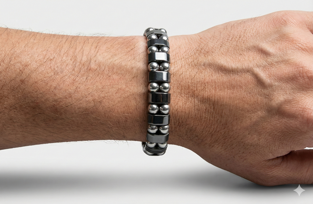 Silver beaded bracelet on a wrist against a light gray background