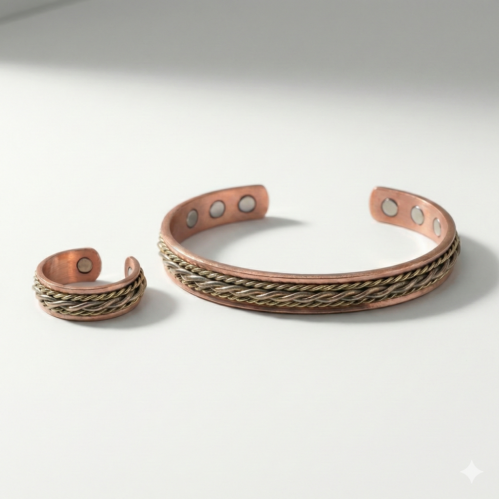 Solid Copper Magnetic Bracelet & Ring Set – 3-Tone Zig Zag Design – Adjustable Cuff Set