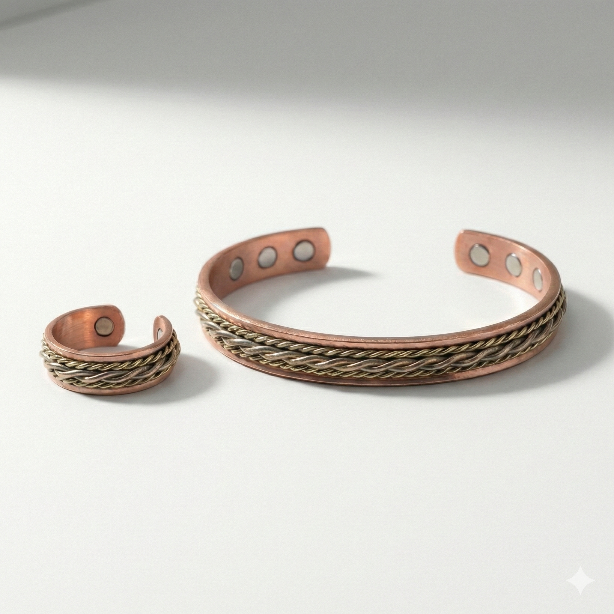 Solid Copper Magnetic Bracelet Ring Set 3 Tone Arthritis Therapy Cuff Set Chain