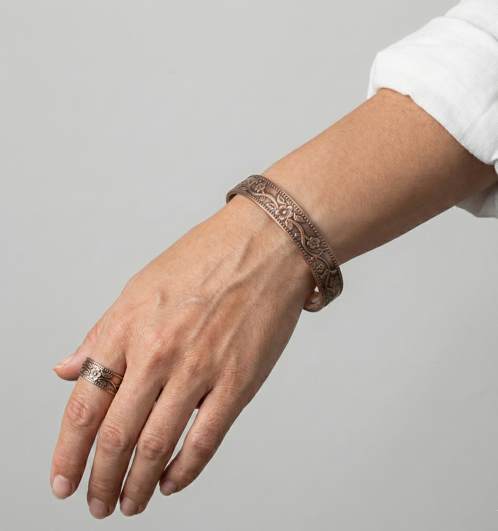 Solid Copper Magnetic Bracelet Ring Set  Men Women Cuff Ring Set Flower