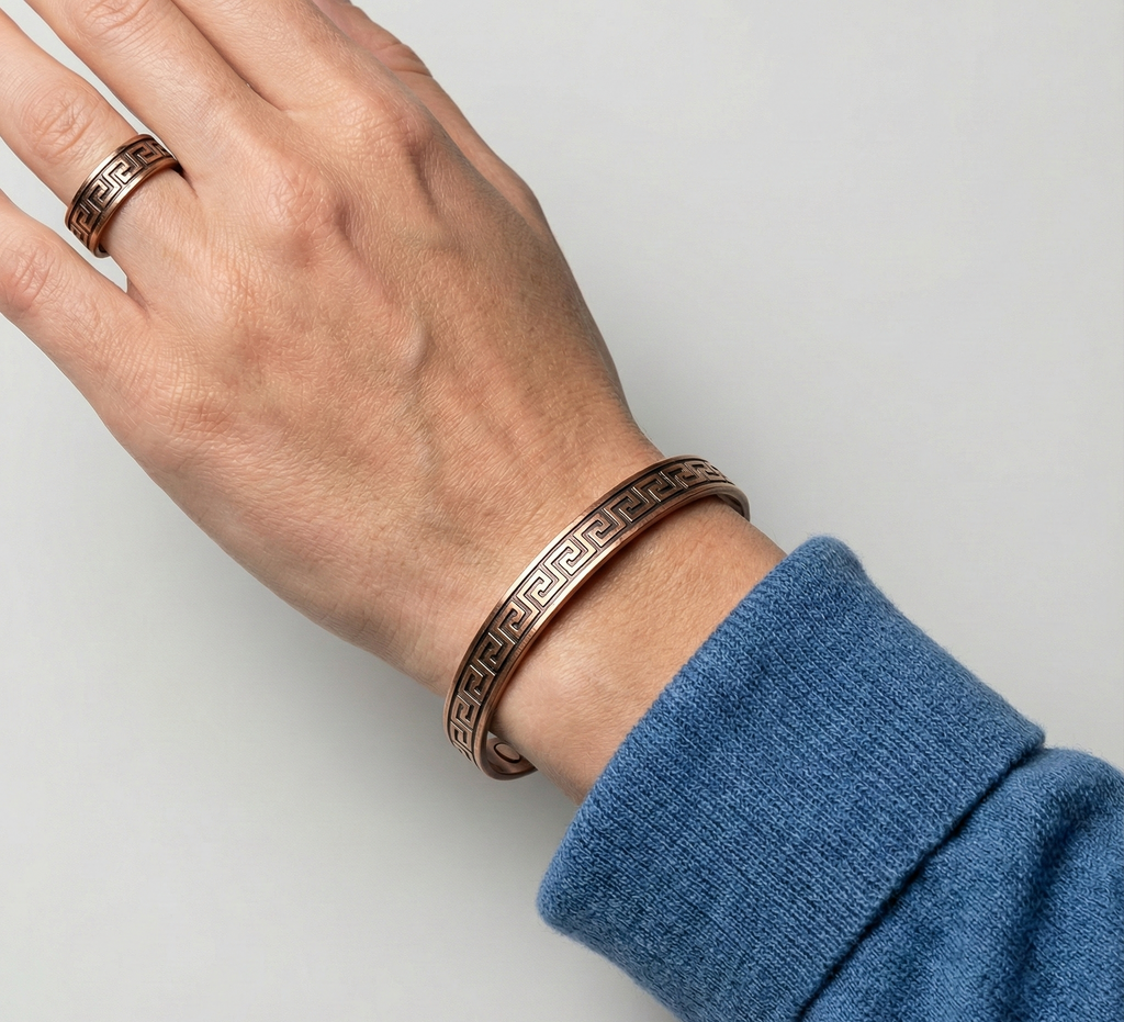Pure Copper Magnetic Bracelet & Ring Set Men Women Cuff Maze