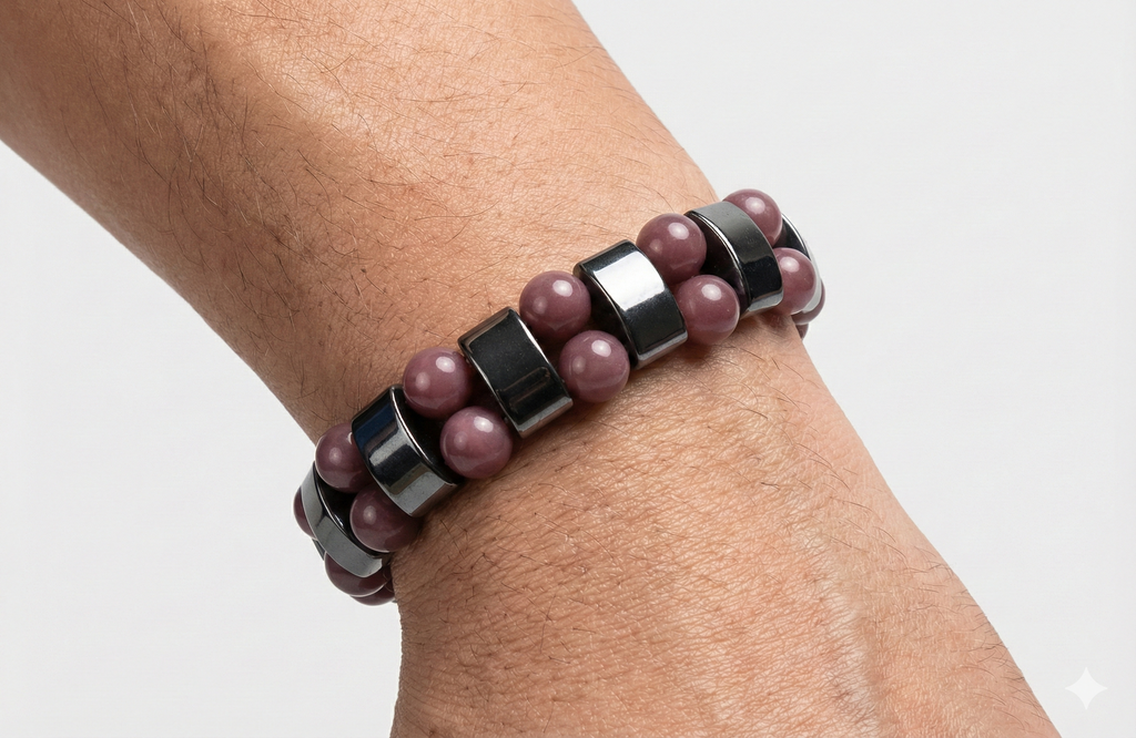 Bracelet with purple beads and black square beads on a wrist against a light background