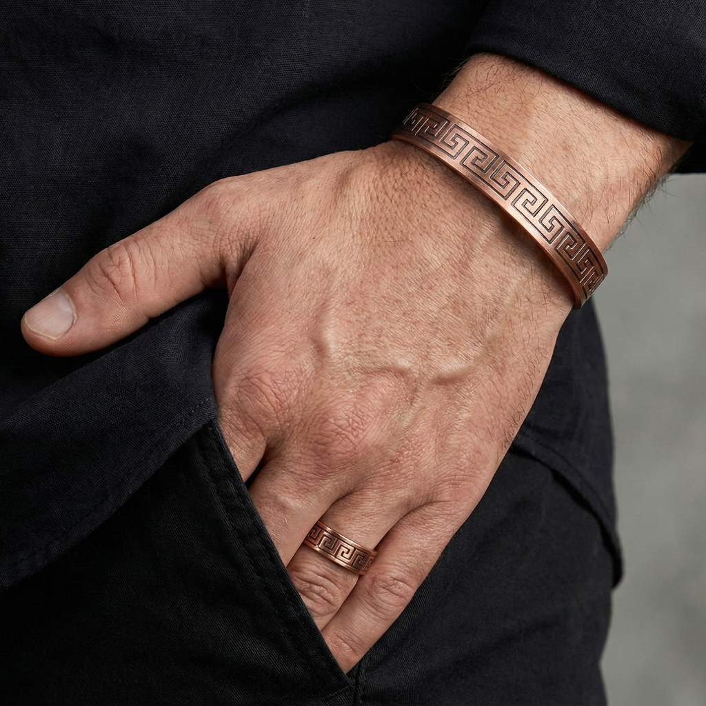 Pure Copper Magnetic Bracelet & Ring Set Men Women Cuff Maze