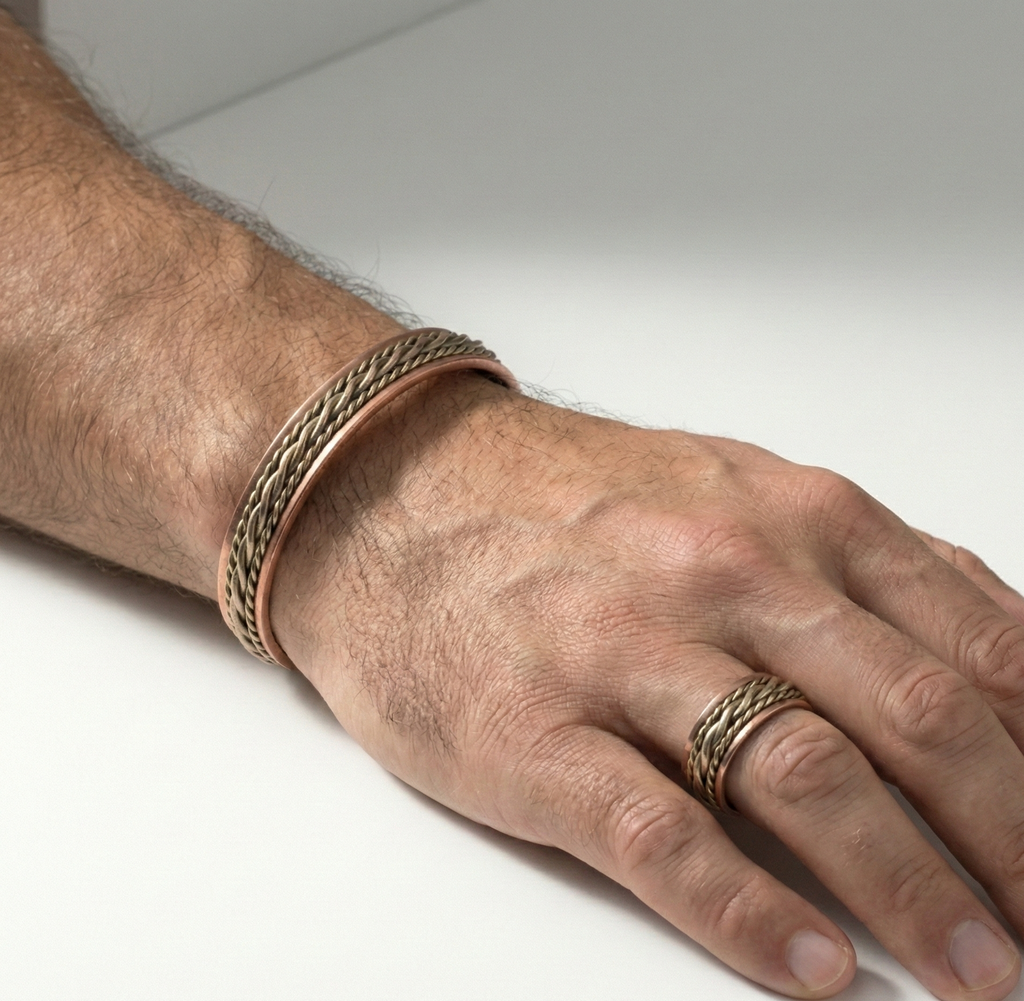 Solid Copper Magnetic Bracelet & Ring Set – 3-Tone Zig Zag Design – Adjustable Cuff Set