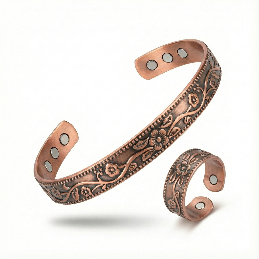 Solid Copper Magnetic Bracelet Ring Set  Men Women Cuff Ring Set Flower
