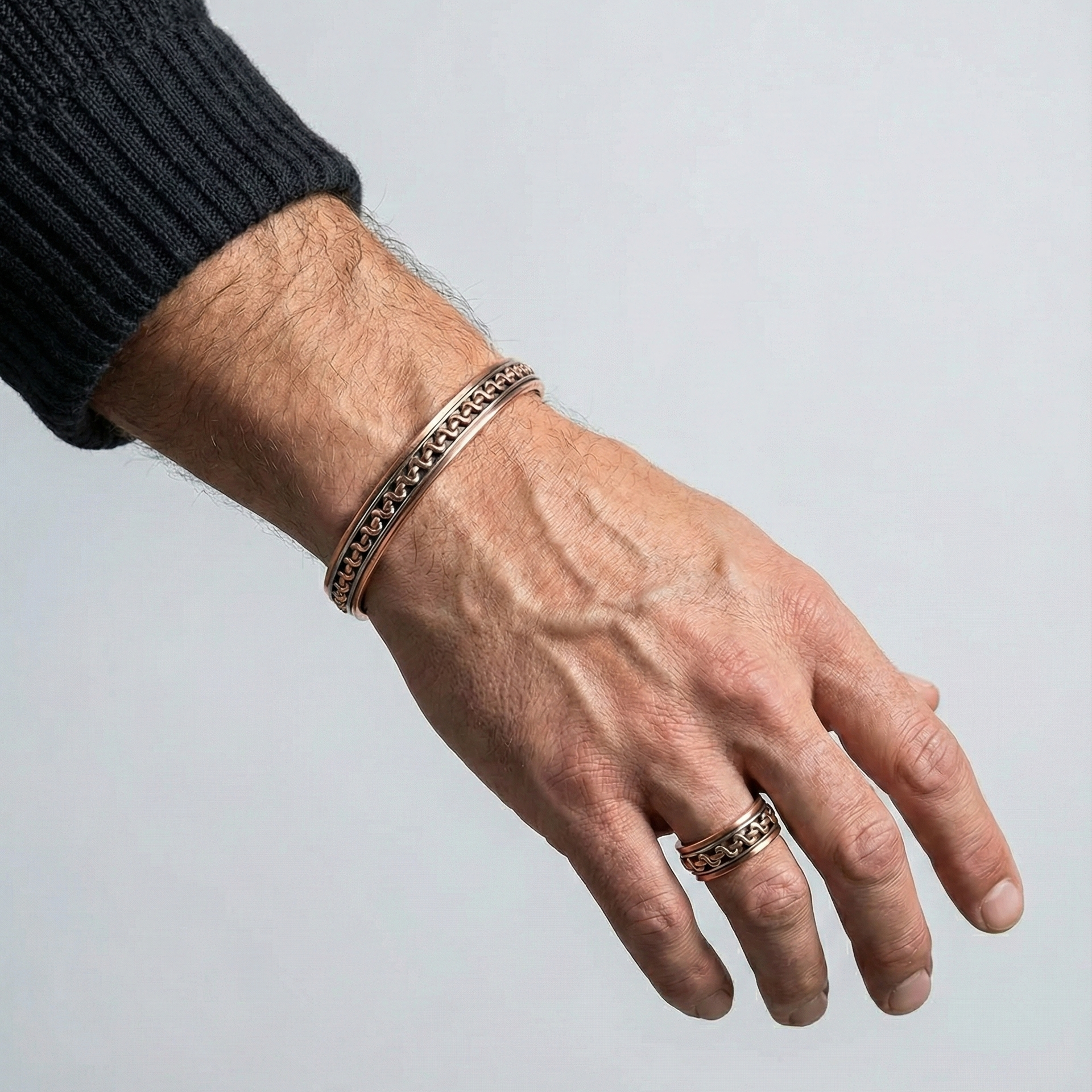 Solid Copper Magnetic Bracelet Ring Set 3Tone Arthritis Therapy Cuff Set Zig Zag