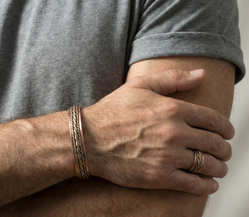 Solid Copper Magnetic Bracelet & Ring Set – 3-Tone Zig Zag Design – Adjustable Cuff Set