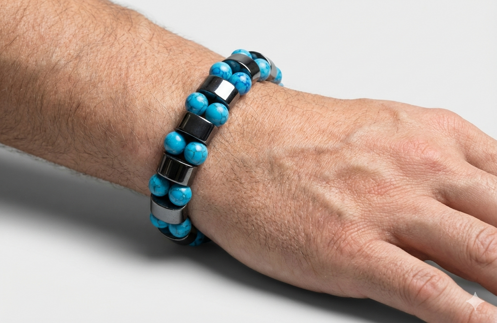 Turquoise and black beaded bracelet on a wrist against a neutral background