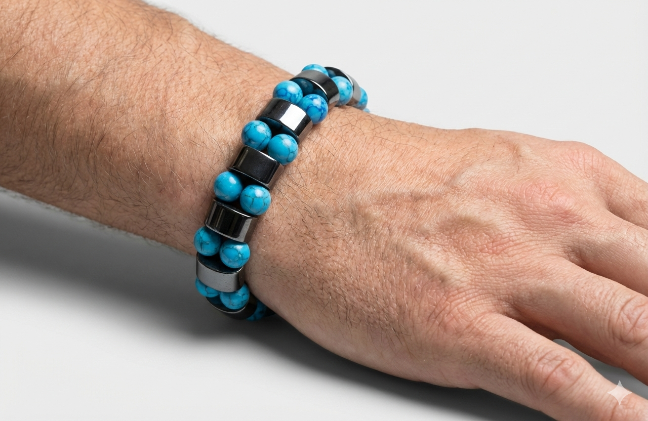 Turquoise and black beaded bracelet on a wrist against a neutral background