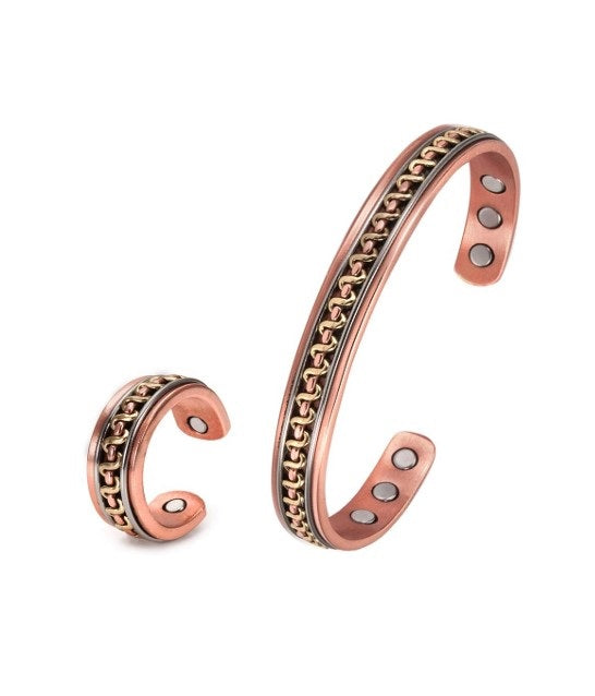 Solid Copper Magnetic Bracelet Ring Set 3Tone Arthritis Therapy Cuff Set Zig Zag