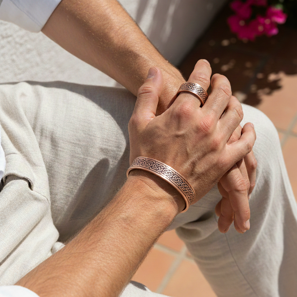 Two hands interlocked with copper bracelets and rings, wearing light-colored pants.