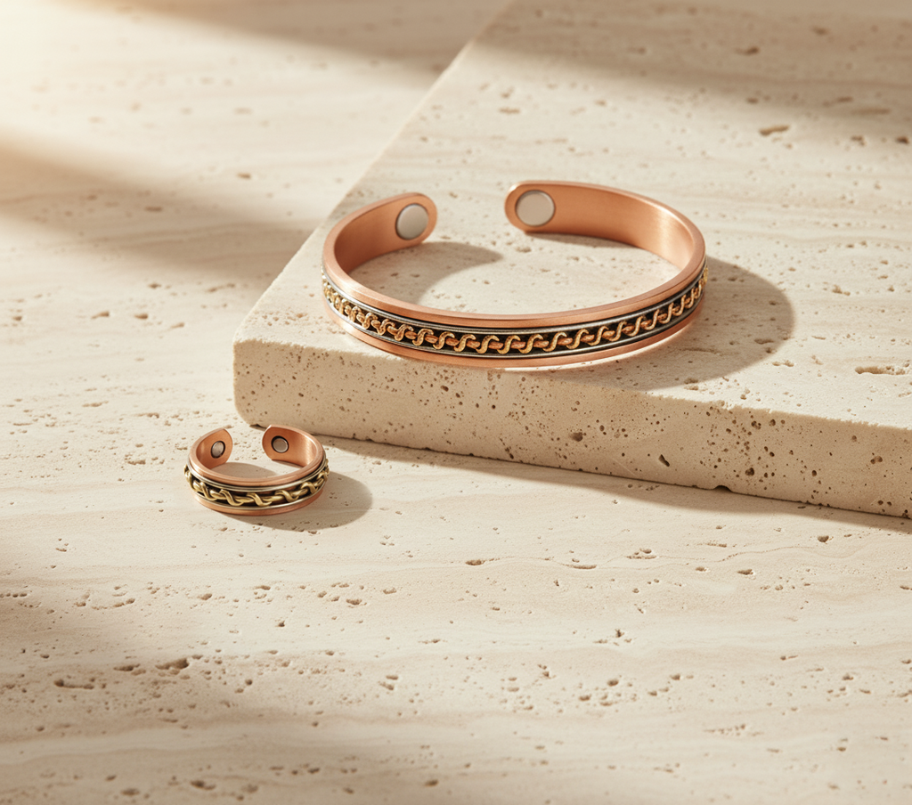 Solid Copper Magnetic Bracelet Ring Set 3Tone Arthritis Therapy Cuff Set Zig Zag