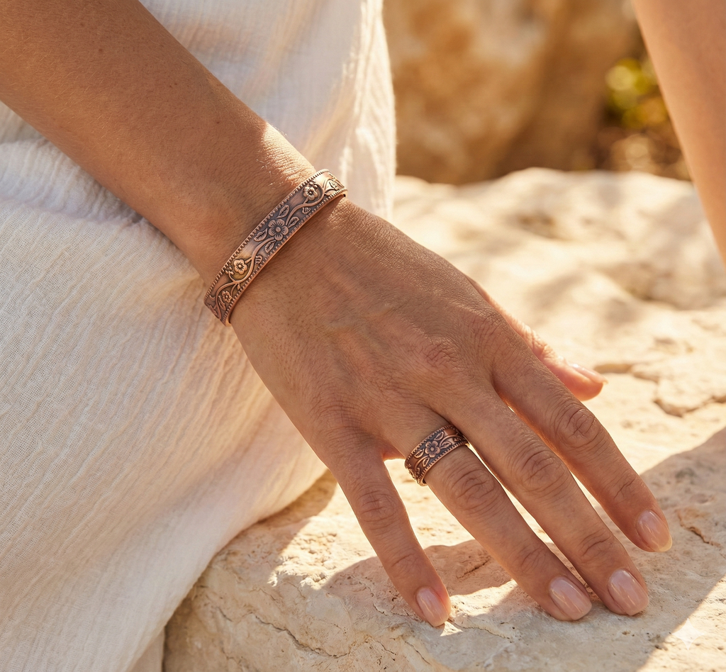 Solid Copper Magnetic Bracelet Ring Set  Men Women Cuff Ring Set Flower